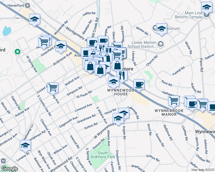map of restaurants, bars, coffee shops, grocery stores, and more near 116 Argyle Road in Ardmore