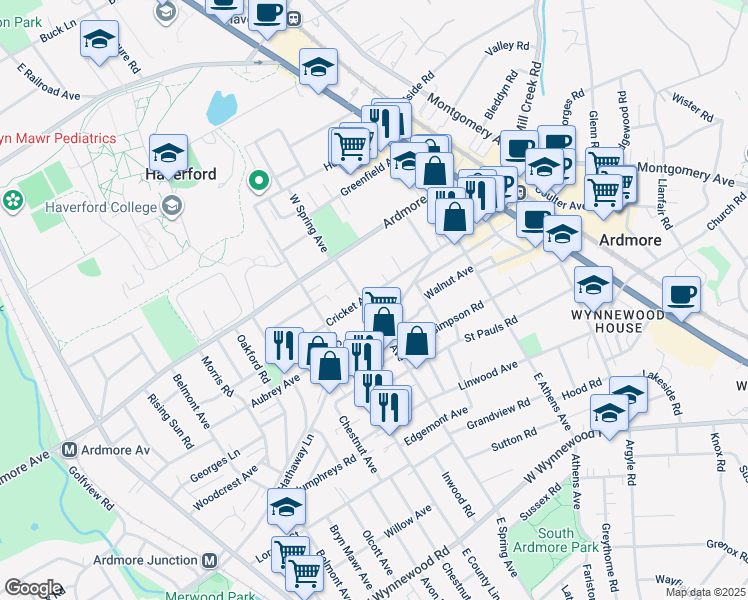 map of restaurants, bars, coffee shops, grocery stores, and more near 155 Cricket Avenue in Ardmore