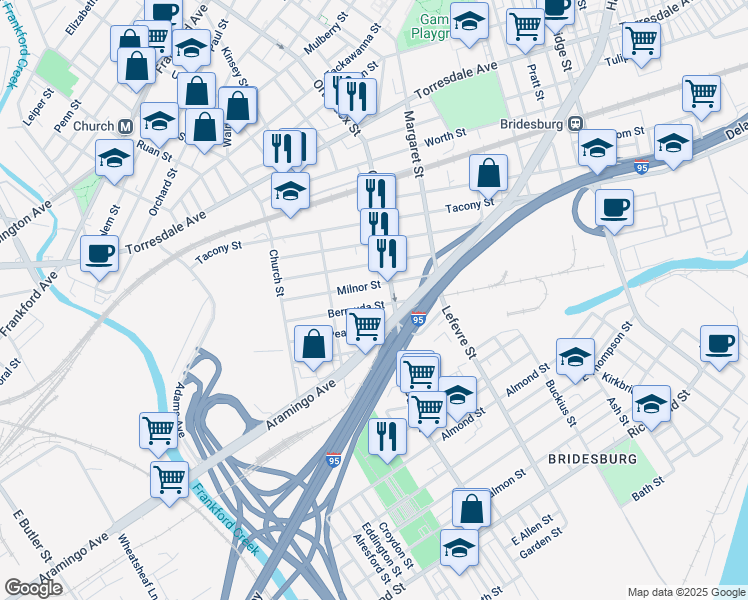 map of restaurants, bars, coffee shops, grocery stores, and more near 4560 Bermuda Street in Philadelphia
