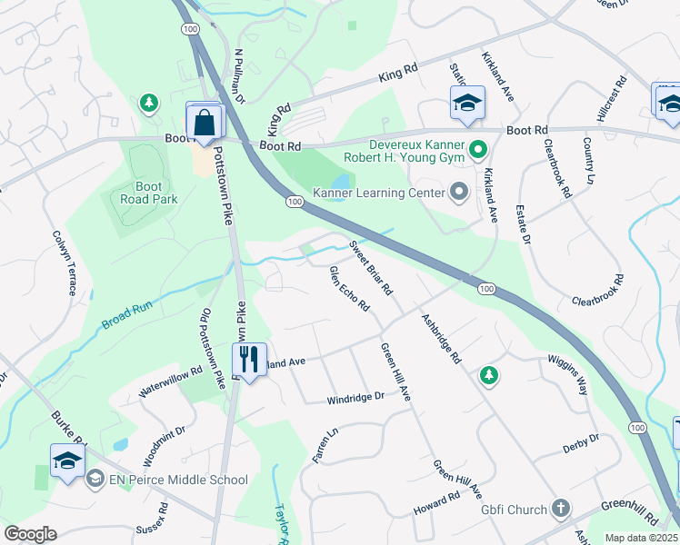 map of restaurants, bars, coffee shops, grocery stores, and more near 100 Twin Oaks Lane in West Chester