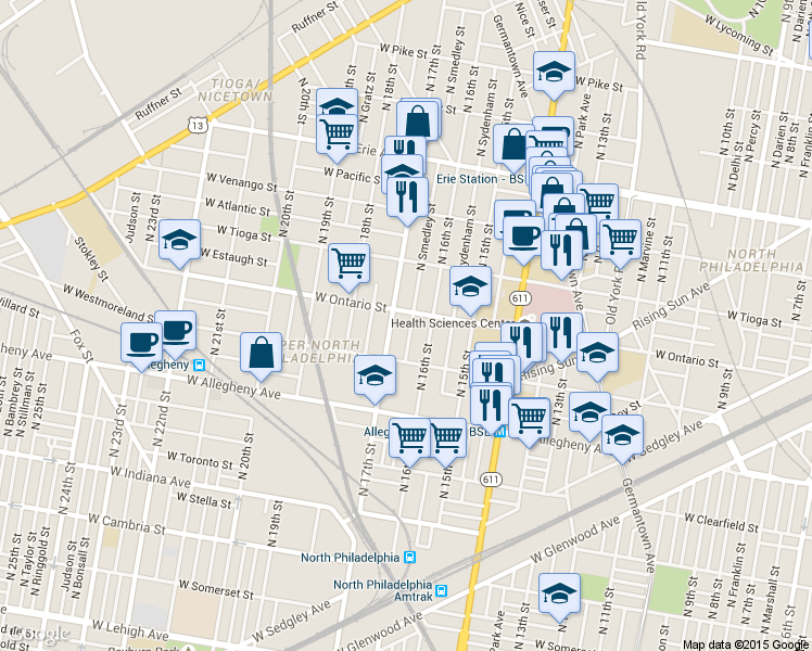 map of restaurants, bars, coffee shops, grocery stores, and more near 3350 North Smedley Street in Philadelphia