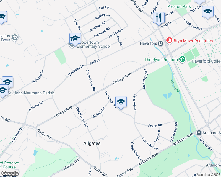 map of restaurants, bars, coffee shops, grocery stores, and more near 501 College Avenue in Haverford