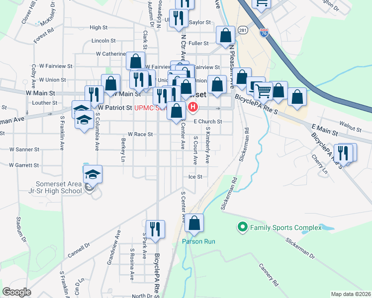 map of restaurants, bars, coffee shops, grocery stores, and more near 433 South Center Avenue in Somerset