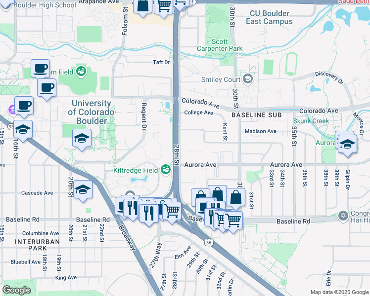 map of restaurants, bars, coffee shops, grocery stores, and more near 930 28th Street in Boulder