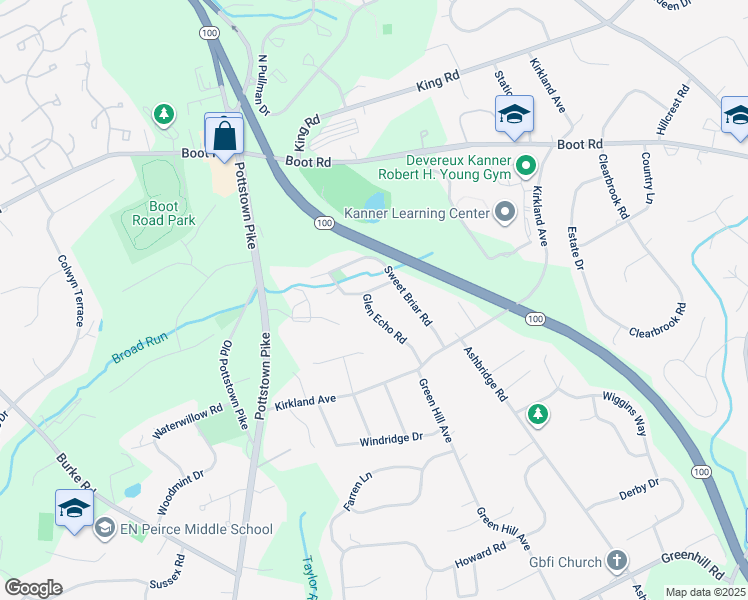 map of restaurants, bars, coffee shops, grocery stores, and more near 100 Twin Oaks Lane in West Chester