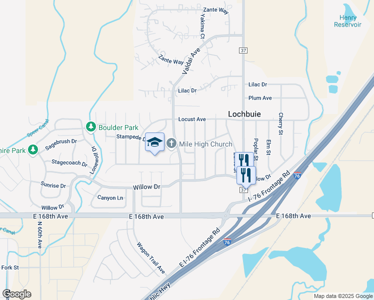 map of restaurants, bars, coffee shops, grocery stores, and more near 154 Valdai Street in Lochbuie