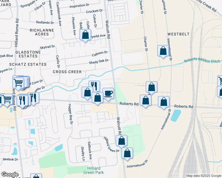 map of restaurants, bars, coffee shops, grocery stores, and more near 2581 Walcutt Road in Hilliard