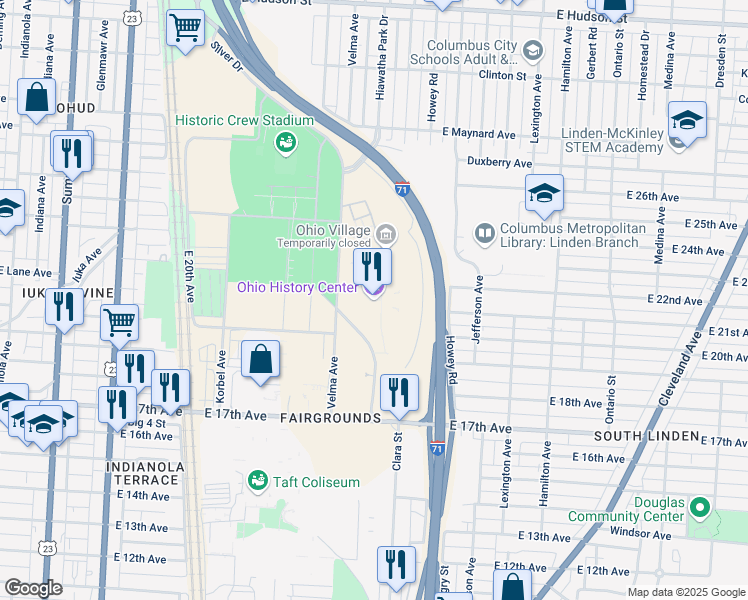 map of restaurants, bars, coffee shops, grocery stores, and more near 800 East 17th Avenue in Columbus