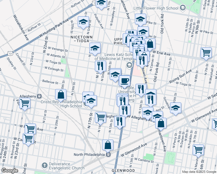 map of restaurants, bars, coffee shops, grocery stores, and more near 3339 North 16th Street in Philadelphia