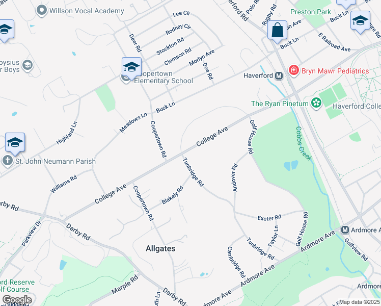 map of restaurants, bars, coffee shops, grocery stores, and more near 501 College Avenue in Haverford