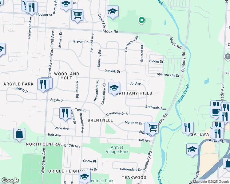 map of restaurants, bars, coffee shops, grocery stores, and more near 2365 Middlehurst Drive in Columbus