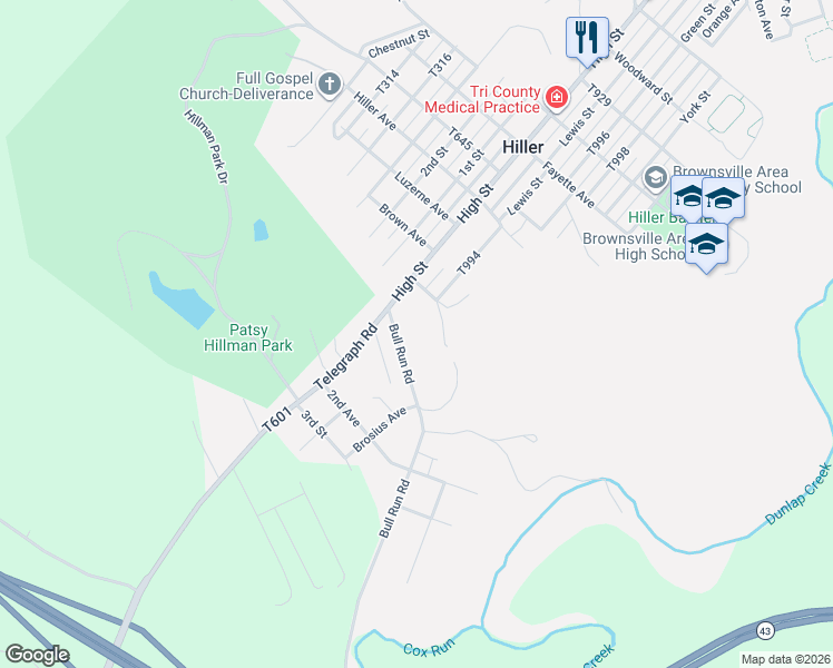 map of restaurants, bars, coffee shops, grocery stores, and more near 109 Bull Run Rd in Brownsville