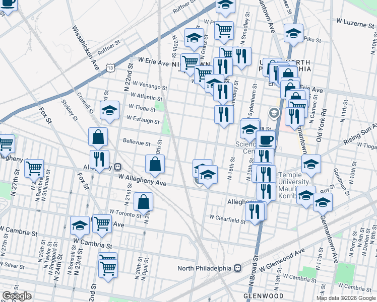 map of restaurants, bars, coffee shops, grocery stores, and more near 3342 North 18th Street in Philadelphia