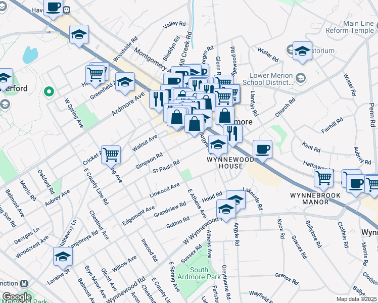 map of restaurants, bars, coffee shops, grocery stores, and more near 32 Saint Pauls Road in Ardmore