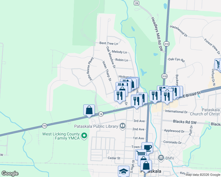 map of restaurants, bars, coffee shops, grocery stores, and more near 211 Isaac Tharp Street in Pataskala