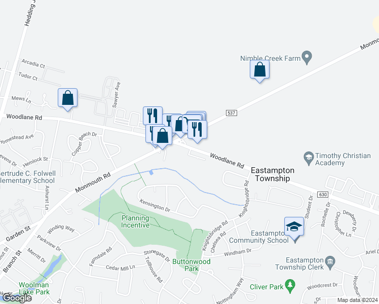 map of restaurants, bars, coffee shops, grocery stores, and more near 4104 Patriot Way in Eastampton Township