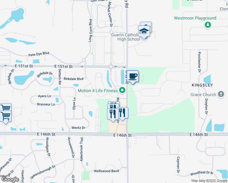 map of restaurants, bars, coffee shops, grocery stores, and more near 14916 Riverdale Drive South in Carmel