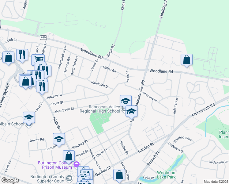 map of restaurants, bars, coffee shops, grocery stores, and more near 206 Front Street in Mount Holly