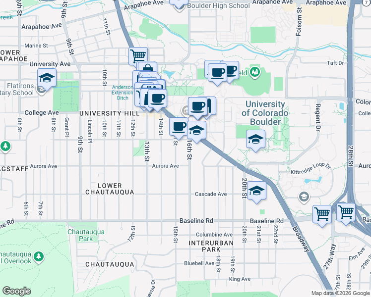 map of restaurants, bars, coffee shops, grocery stores, and more near 961 16th Street in Boulder