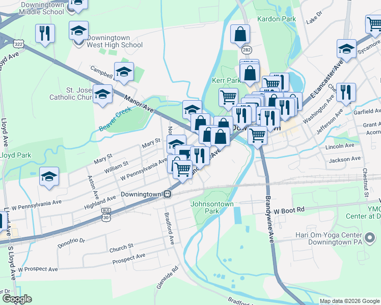 map of restaurants, bars, coffee shops, grocery stores, and more near 31 Downing Avenue in Downingtown