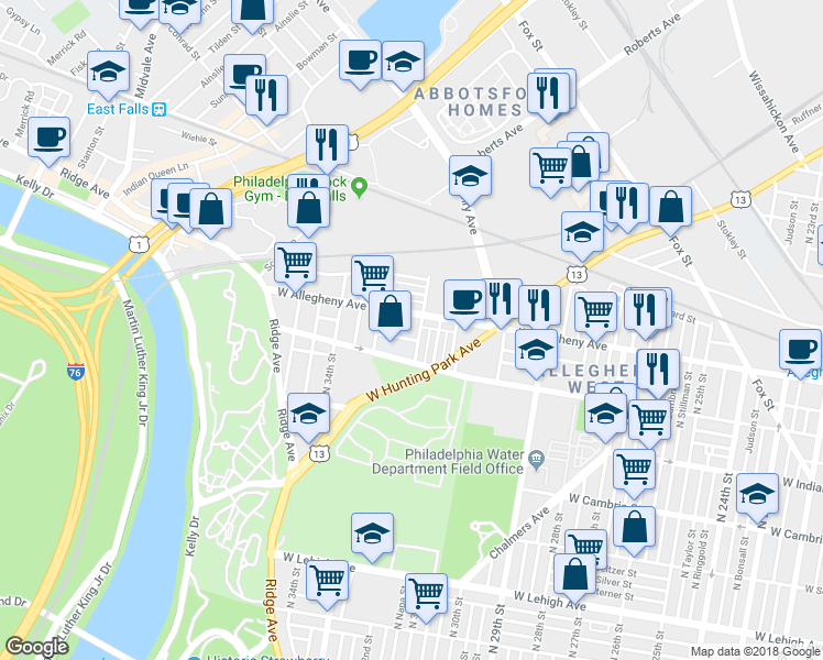 map of restaurants, bars, coffee shops, grocery stores, and more near 3136 North 32nd Street in Philadelphia