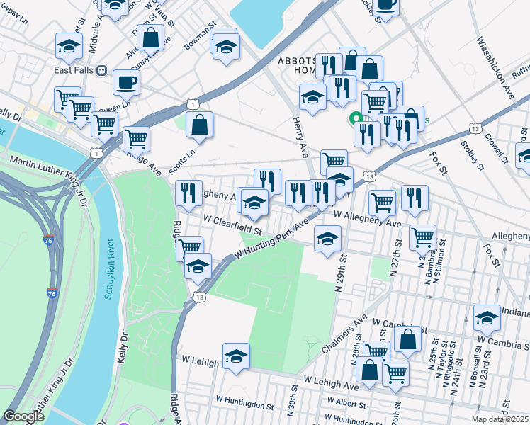 map of restaurants, bars, coffee shops, grocery stores, and more near 3136 North 32nd Street in Philadelphia