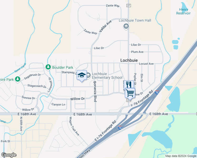 map of restaurants, bars, coffee shops, grocery stores, and more near 154 Valdai Street in Lochbuie