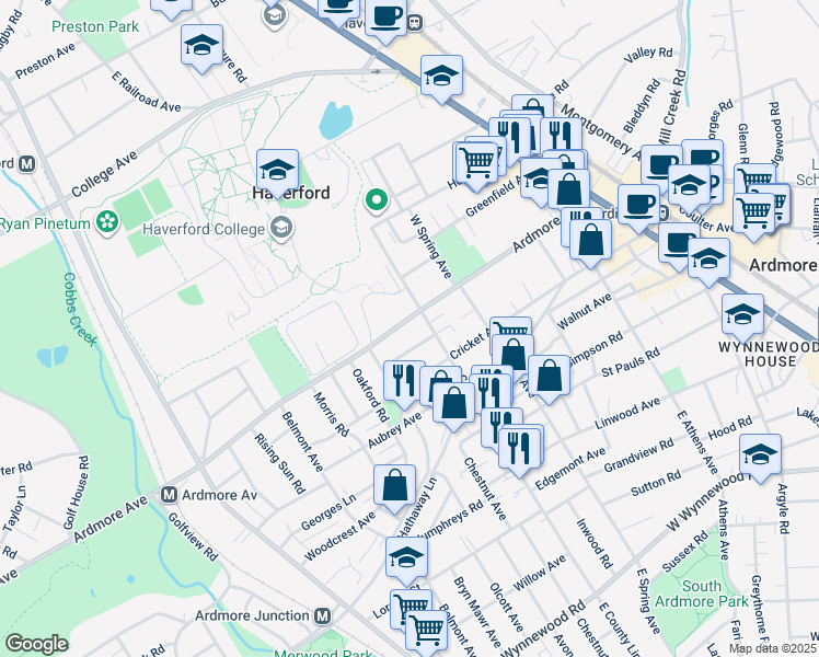 map of restaurants, bars, coffee shops, grocery stores, and more near 813 Ardmore Avenue in Ardmore