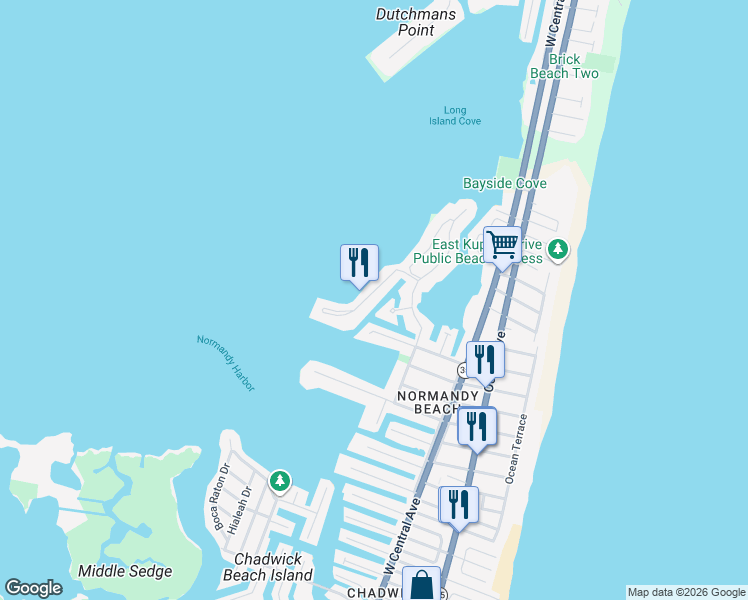 map of restaurants, bars, coffee shops, grocery stores, and more near 518 Normandy Drive in Brick Township