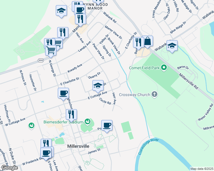 map of restaurants, bars, coffee shops, grocery stores, and more near 150 New Street in Millersville