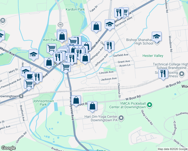 map of restaurants, bars, coffee shops, grocery stores, and more near 199 Green Street in Downingtown