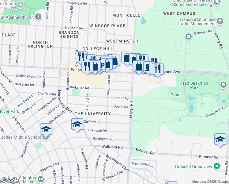 map of restaurants, bars, coffee shops, grocery stores, and more near 1527 Berkshire Road in Columbus
