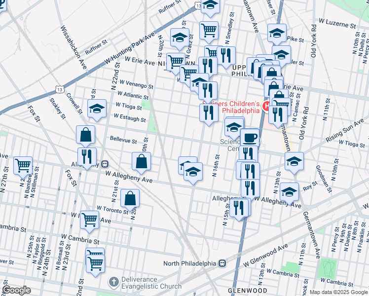 map of restaurants, bars, coffee shops, grocery stores, and more near 3339 North 18th Street in Philadelphia