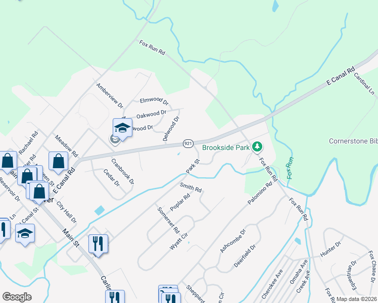 map of restaurants, bars, coffee shops, grocery stores, and more near 1700 East Canal Road in Dover