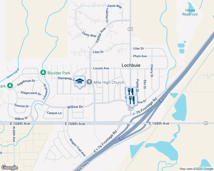 map of restaurants, bars, coffee shops, grocery stores, and more near 123 Wenatchee Street in Lochbuie