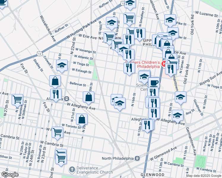 map of restaurants, bars, coffee shops, grocery stores, and more near 3336 North 18th Street in Philadelphia