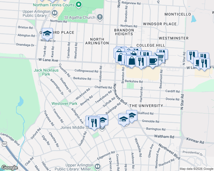 map of restaurants, bars, coffee shops, grocery stores, and more near 1858 Chatfield Road in Columbus