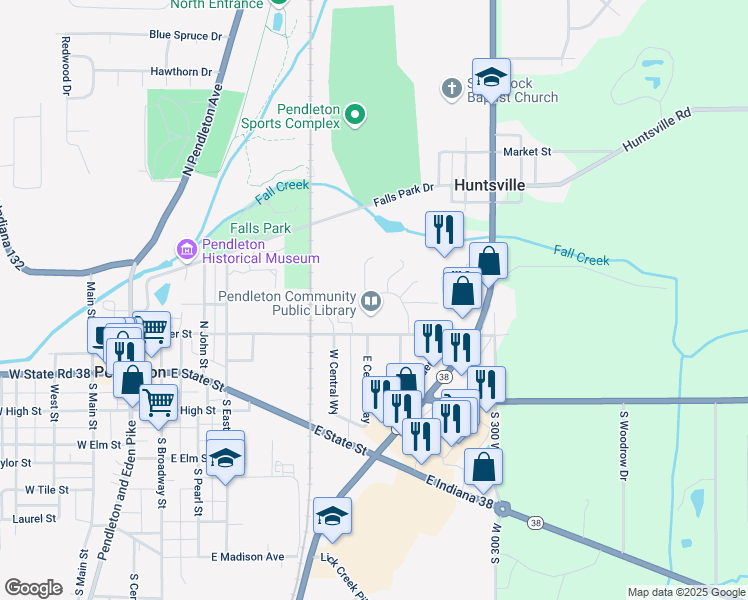 map of restaurants, bars, coffee shops, grocery stores, and more near 6 Village Parkway in Pendleton