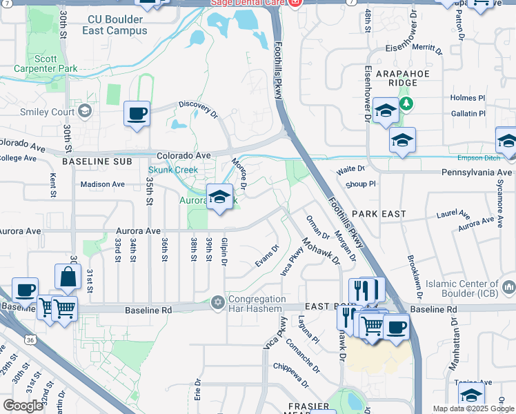 map of restaurants, bars, coffee shops, grocery stores, and more near 4212 Monroe Drive in Boulder