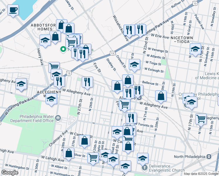 map of restaurants, bars, coffee shops, grocery stores, and more near 3203 Fox Street in Philadelphia
