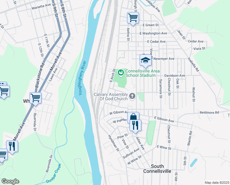 map of restaurants, bars, coffee shops, grocery stores, and more near Gibson Alley in Connellsville