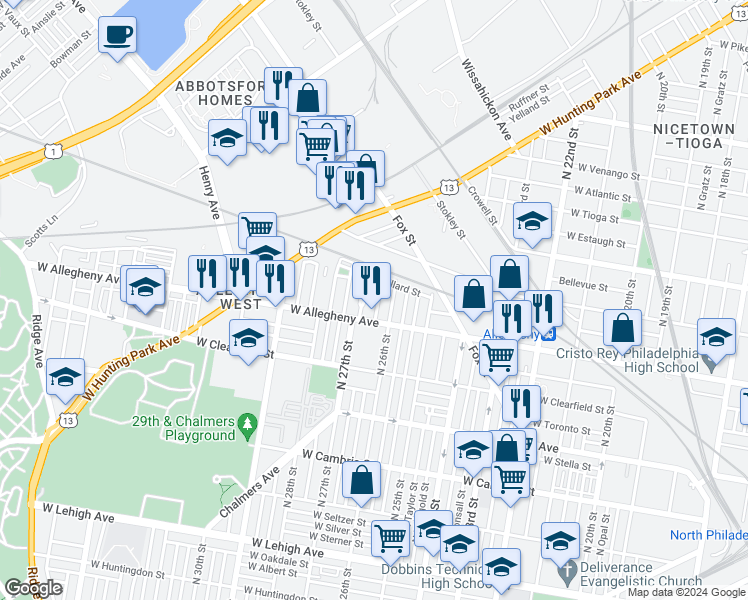 map of restaurants, bars, coffee shops, grocery stores, and more near 3224 North Bailey Street in Philadelphia