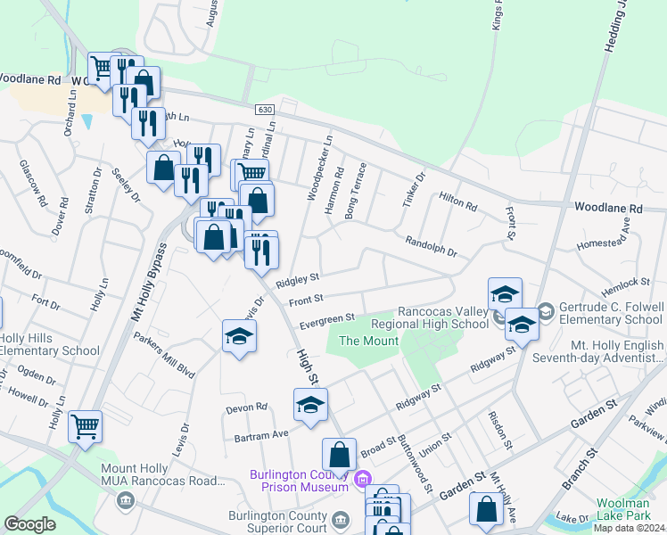 map of restaurants, bars, coffee shops, grocery stores, and more near 17 Ridgley Street in Mount Holly