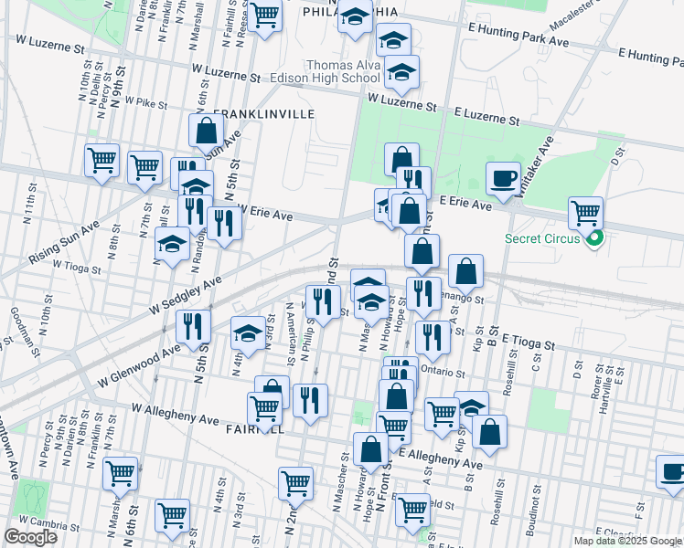 map of restaurants, bars, coffee shops, grocery stores, and more near 3610 North 2nd Street in Philadelphia