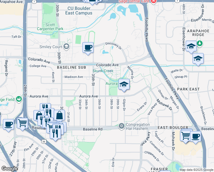 map of restaurants, bars, coffee shops, grocery stores, and more near 960 37th Street in Boulder