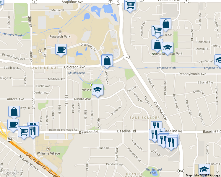 map of restaurants, bars, coffee shops, grocery stores, and more near 4222 Monroe Drive in Boulder
