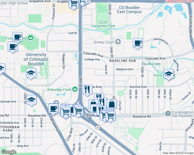 map of restaurants, bars, coffee shops, grocery stores, and more near 1055 Adams Circle in Boulder