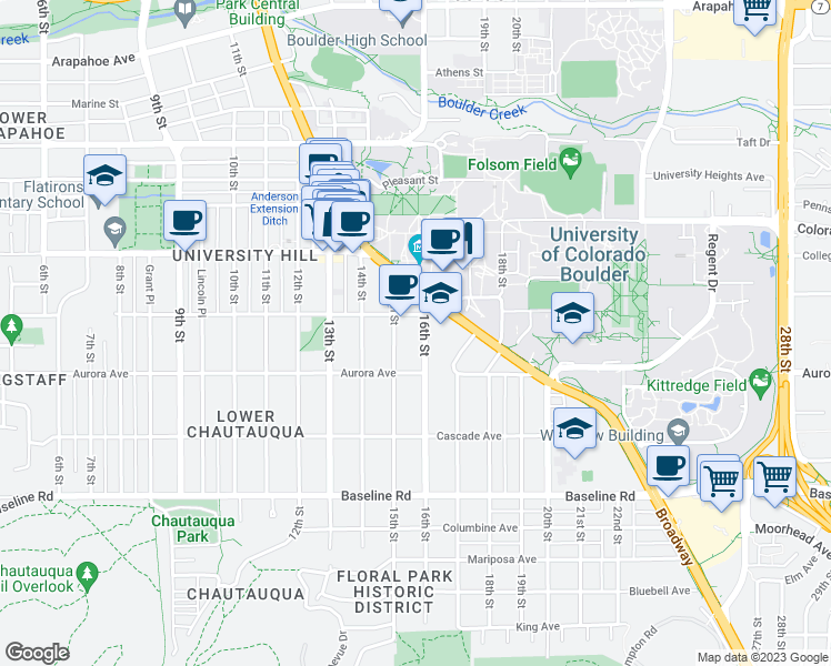map of restaurants, bars, coffee shops, grocery stores, and more near 985 16th Street in Boulder