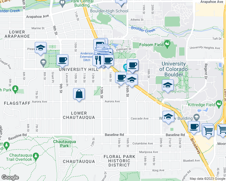 map of restaurants, bars, coffee shops, grocery stores, and more near in Boulder