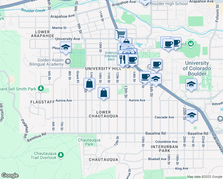 map of restaurants, bars, coffee shops, grocery stores, and more near 965 11th Street in Boulder